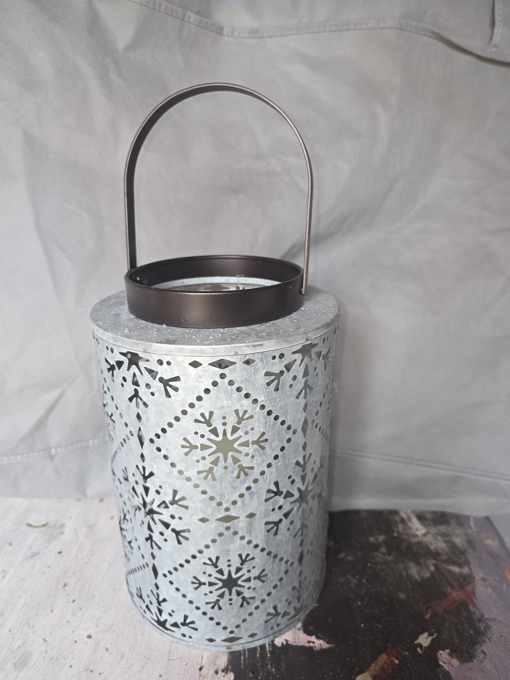 Decorative White Snowflake Metal Lantern with Dark Handle